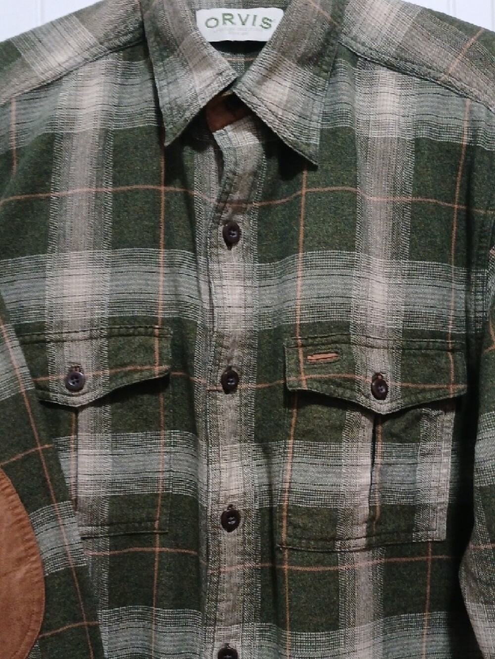 Orvis Olive and Cream Plaid Flannel Shirt with Brown Elbow Patches - Picture 3 of 7